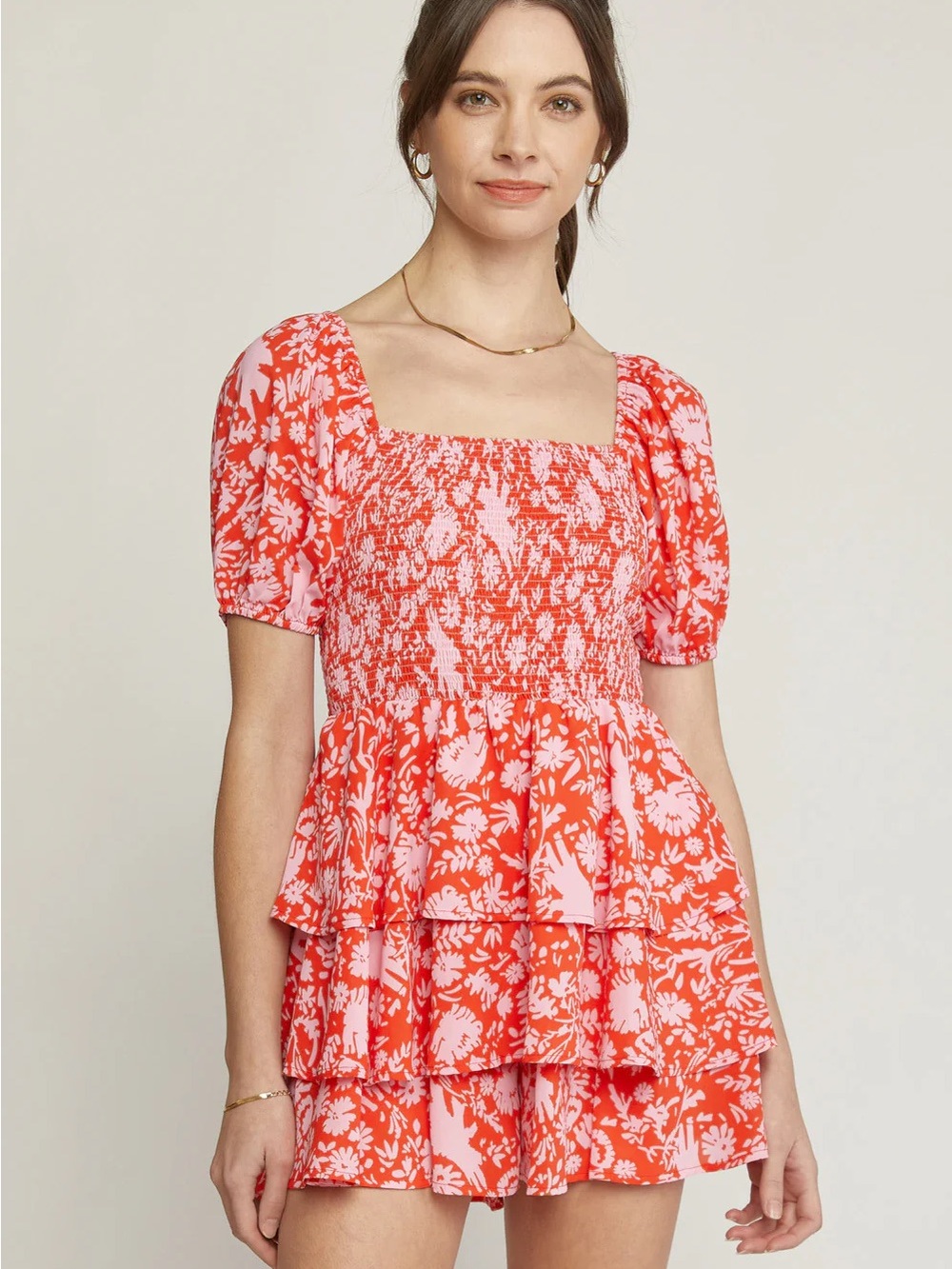 NWT Entro Large Smocked Tiered Romper  - Pink/Coral